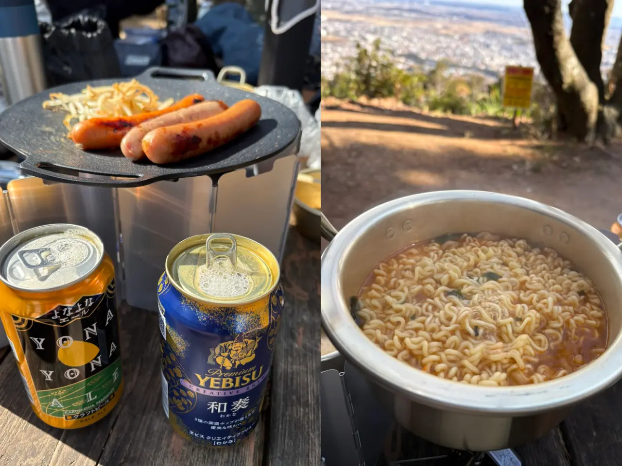 左側がソーセージと缶ビール。右側がらーめんと背景に秦野の街が写っている