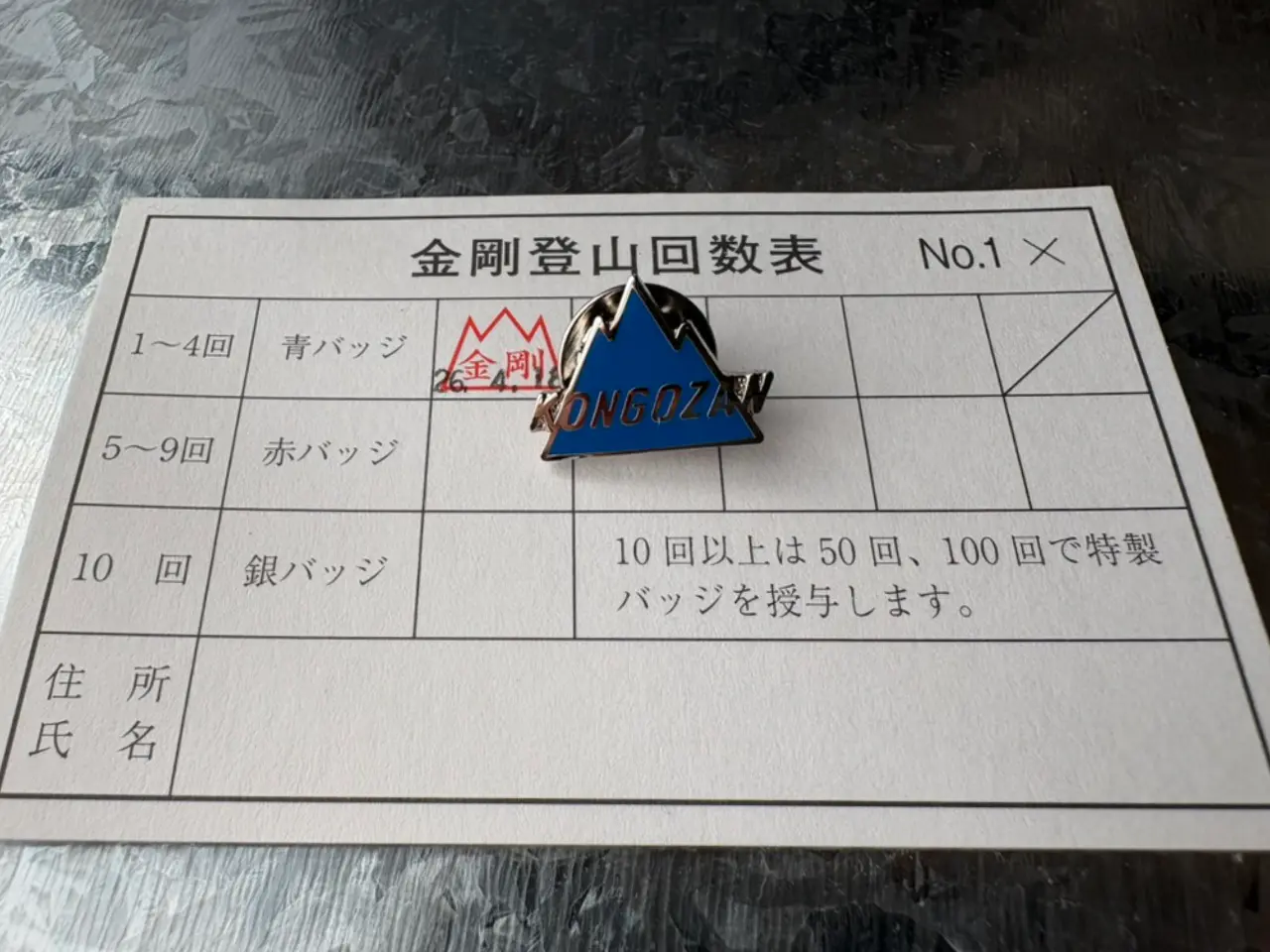 スタンプラリー台紙と１回目のピンバッジ